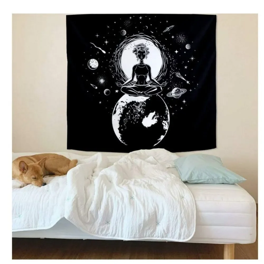 Moon & Stars Meditation Black & White Tapestry New Woman Sitting on top of World